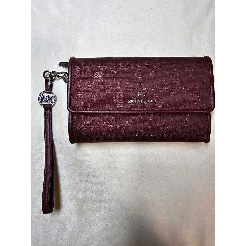 Michael Kors Jet Set Charm Large Flap Phone Wristlet Mulberry Merlot Glitter